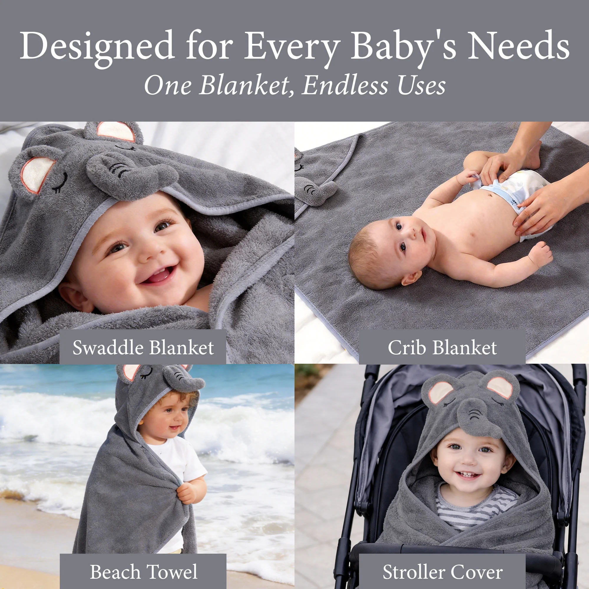 Hooded Bath Towel - Grey Elephant - Image 5