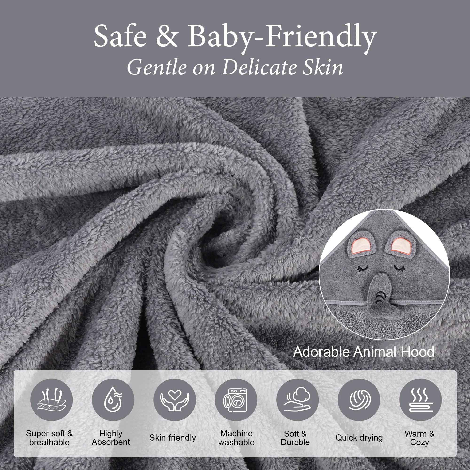 Hooded Bath Towel - Grey Elephant - Image 7